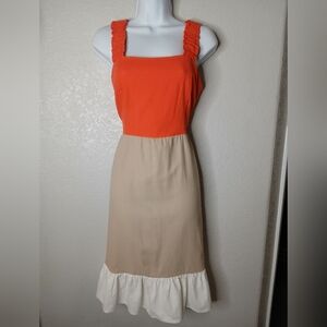 52 Seven Linen Blend Coral Beige Colorblock Tiered Smocked Sleeveless Midi Dress